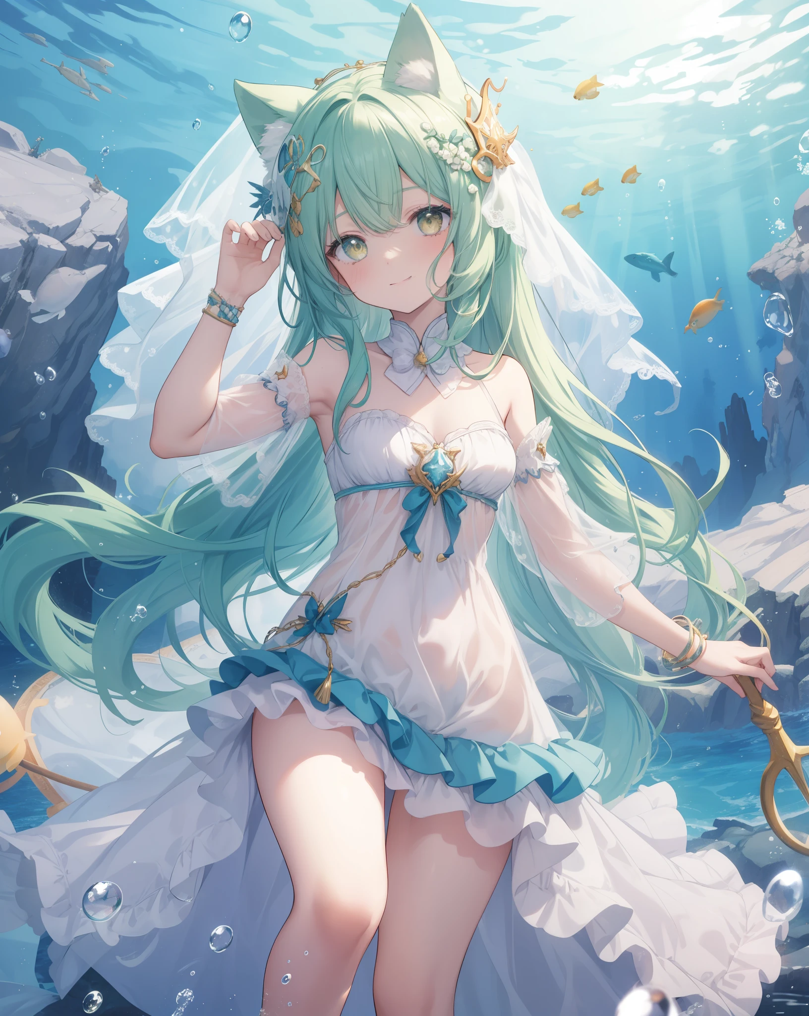 Mermaid, an artwork of a woman in white skirt and flowing white hair under water, 1 girl, skirt, In the water, Solitary, Long hair, Close your eyes, Brown hair, air bubble, barefoot, bubble