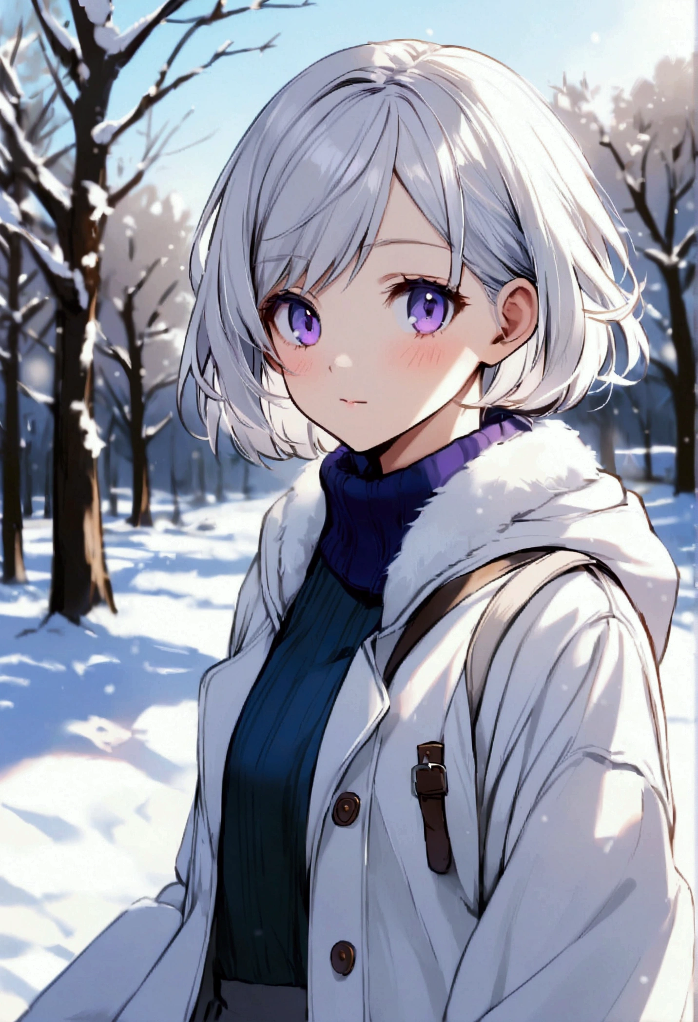 female, girl, student, short hair, purple eyes, white hair, winter, wearing a white jacket, 17 years old