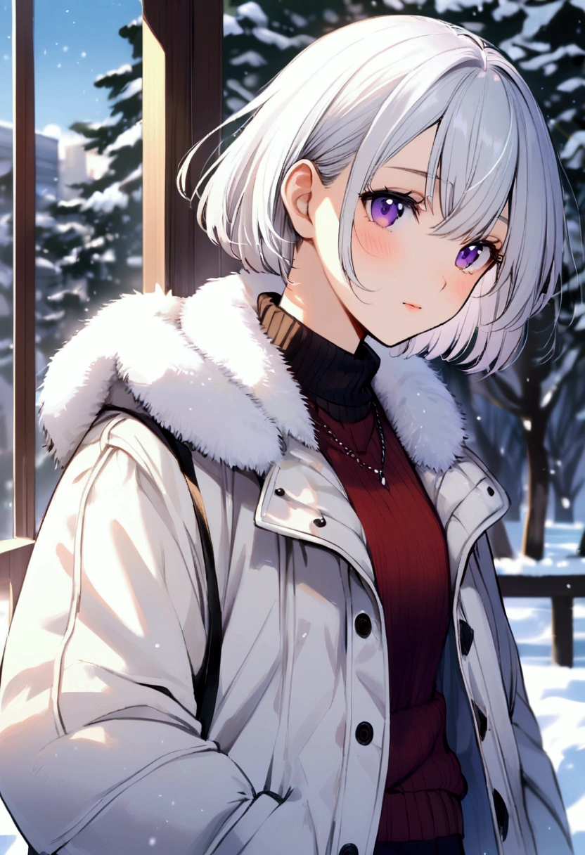female, girl, student, short hair, purple eyes, white hair, winter, wearing a white jacket, 17 years old