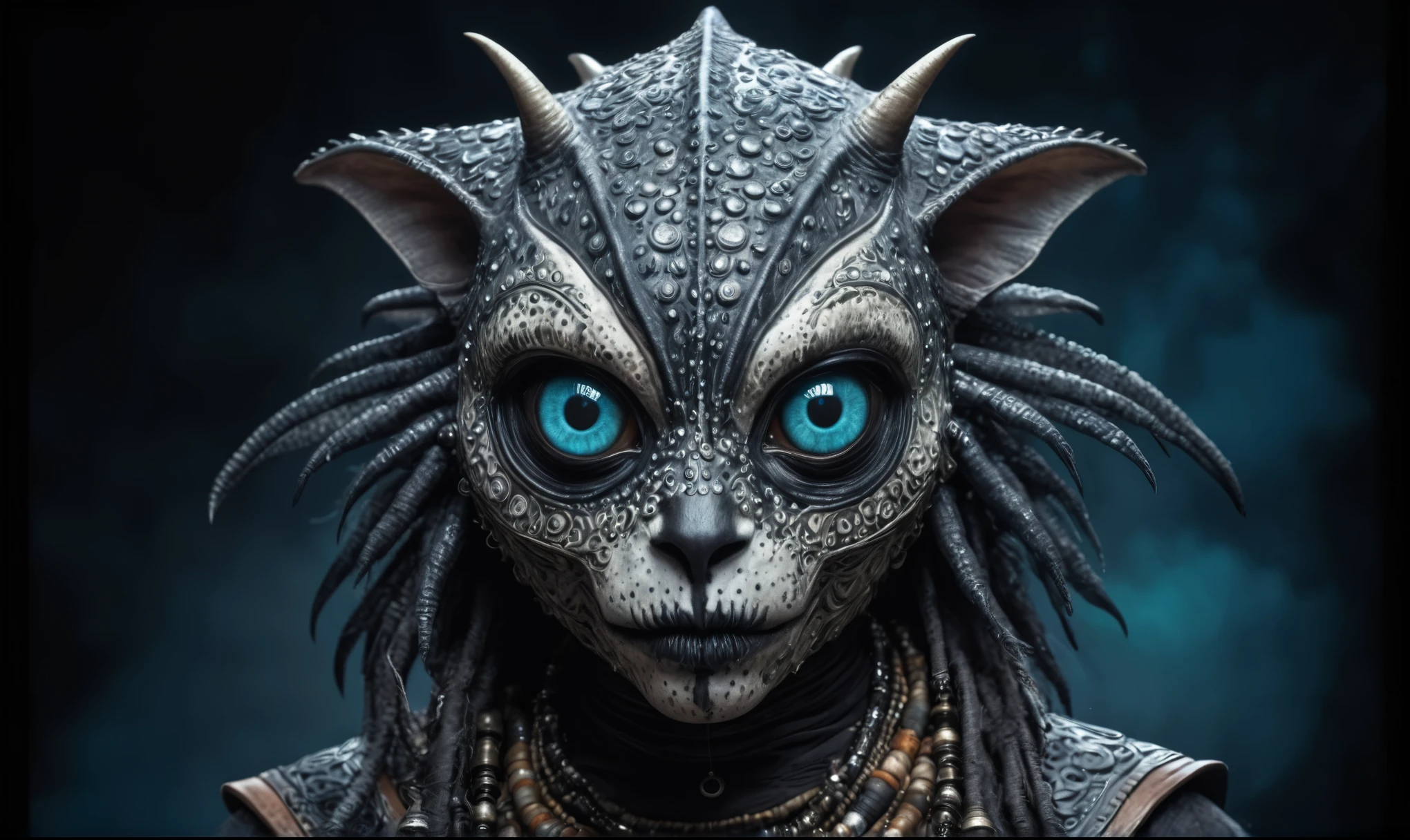 full body length shot,nerd graphite Alien Entity,native africa slave ,azctec Finnish Lapland,Cinematic,soft colors, Technicolor,natural skin textures, hyper realism, hyper detailed,Extremely detailed,High contrast,Masterpiece,Realistic,Ultra Detailed, intricate details,realistic humid leather,extremely intricate details,Epic Realistic, cinematic style, irina yermolova,high contrast,hdr,extremely detailed,day landscape,masterpiece, intricate details, eyes extremely detailed, high detailed eyes,8k resolution,retina, Nikon Z9,Korea,orc,Egypt, Pisces, transition between two art styles,full body length, Double contact, X-ray, Creative, vivid light, fantasy, Abstract, Surrealism, super detailed, high resolution,insanity national folk wear,skin almost translucent, gothic elements,Mestichino,Light particles,chaos,starfish's leather,"(The best lighting, dark, dramatic),(Persian alien cat half-skull fetus, Hellraiser, Scars, , psy brain,terror.),(fish eyes, calaveras