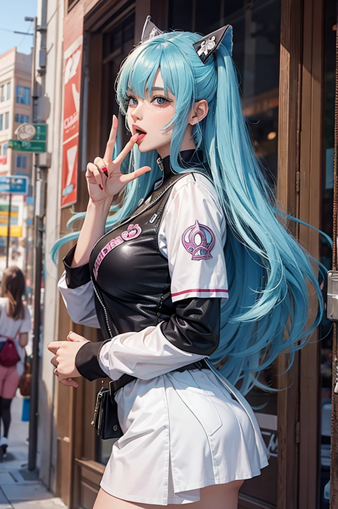 nicole demara, cowboy shot, tongue out, peace symbol, from side, city, anime source BREAK