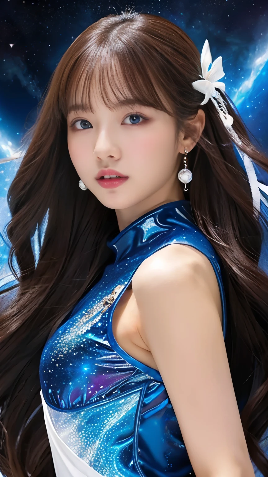 4K Ultra HD, masterpiece, A girl with a magical aura, Nice face, Long Hair, Shiny Hair, Detailed eyes, Glossy Lips, Blue ta Costume, Aura around the body, Magical Effects, Spreading white light, Cosmic elements and ethereal atmosphere, A mix of bright lights and colorful nebulae, Space Background, Perfect body,