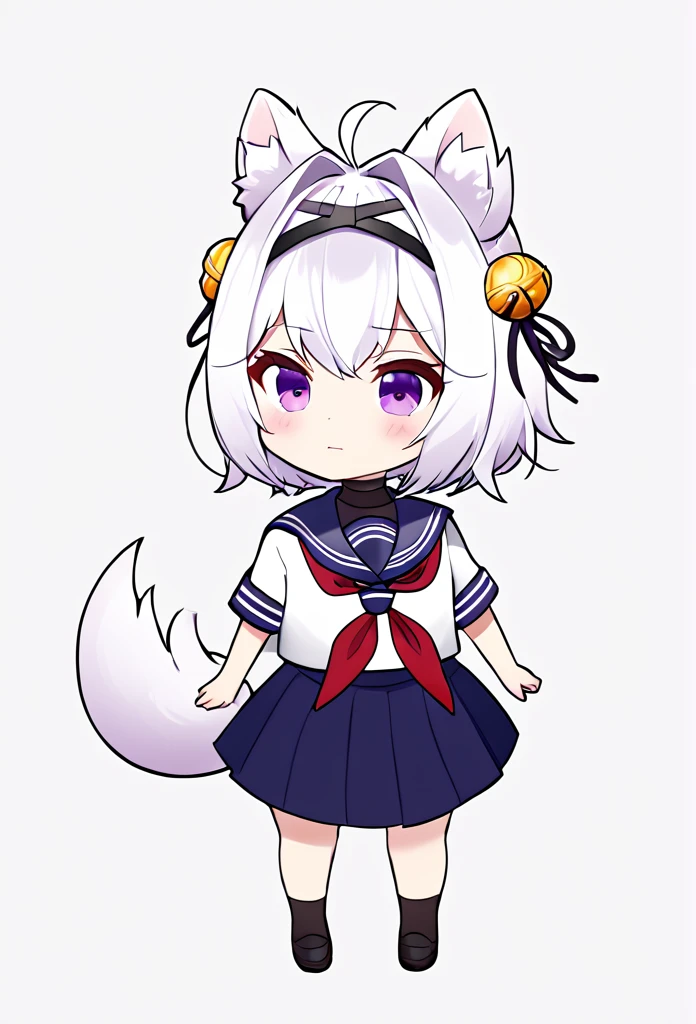 master piece, best quality, high resolution / hires, ultra-detailed, illustration, from front, (chibi character:1.2), (1woman:1.2),FilianSailor, purple eyes, tail, short hair, hairclip,(hairband), (hair bell) , serafuku, red neckerchief, blue skirt, ((simple white background)),