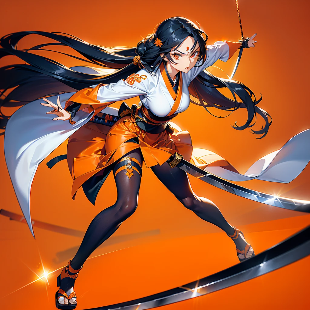 Dynamic configuration、((Perspective Lens, Woman with long hair, Dynamic poses with serious and mean expressions, Swinging something large with both hands, Long Japanese sword )) ((Pure Orange Background:1.2)),Anime Style、Detailed eyes、Perfectly toned body、she'Early 20s,Shooting on the move,Her long braided hair sways. Her outfit is reminiscent of a butterfly,Black and yellow color palette,Playful.,Neon color line fractal art、