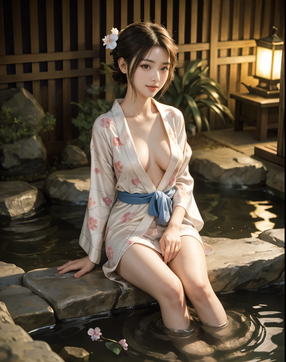 masterpiece, Highest quality, Realistic, 1 girl, Open-air hot spring, Yukata figure, I&#39;I&#39;I&#39;I&#39;My yukata got wet and became transparent., Wear a yukata and enter the hot springs, Drenched yukata, A woman wearing a yukata, Beautiful long hair, Big Ass, , Realistic beautiful legs, It&#39;I have big breasts, Sit with your legs wide apart, barefoot, Protruding nipples, My whole body was covered in foam., A well-trained body, Abdominal muscles, Professional Lighting, Glowing Skin, Full body photo including legs