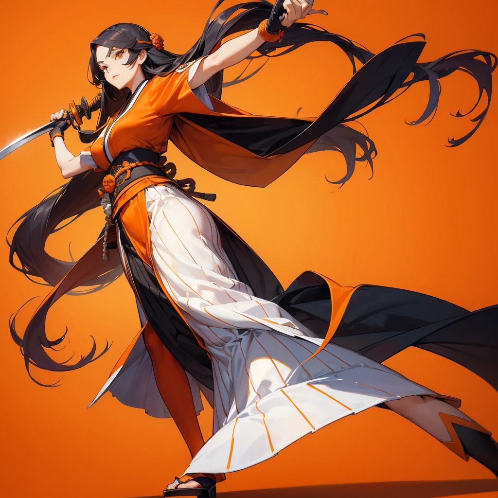 ((Perspective Lens, Woman with long hair, Dynamic poses with serious and mean expressions, Two hands brandishing a large, long Japanese sword )) ((Pure Orange Background:1.2)),Looks like she's in her early 20s,Shooting in mid-motion,With her long braided hair fluttering. Her outfit reminds me of a bee.,Black and yellow color palette,And she's casually throwing money around,Be playful.,