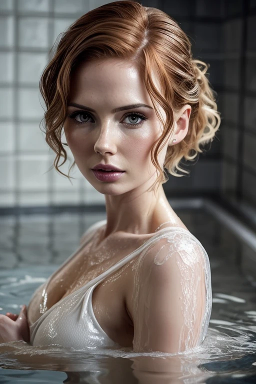 Gorgeous european woman with short hair, wet hair, wavy hair in a loose updo, blonde hair, seductive pose, karen gillan, wearing a dripping wet sheer mini dress in a milk bath, wet, soaking wet, wet hair, solid dark grey background