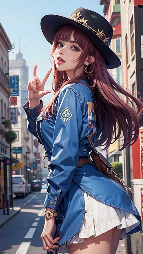 nicole demara, cowboy shot, tongue out, peace symbol, from side, city, anime source BREAK