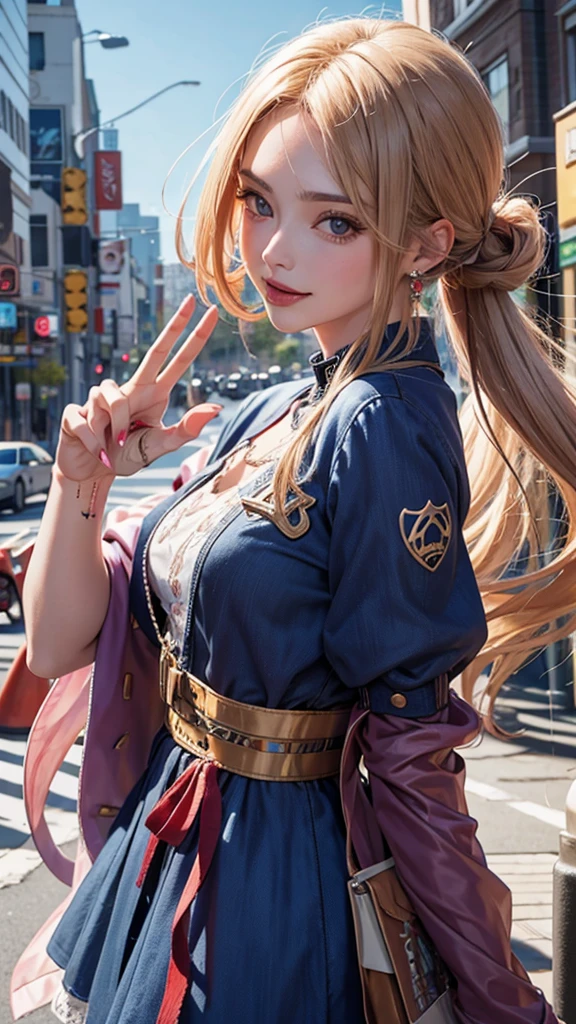 nicole demara, cowboy shot, tongue out, peace symbol, from side, city, anime source BREAK