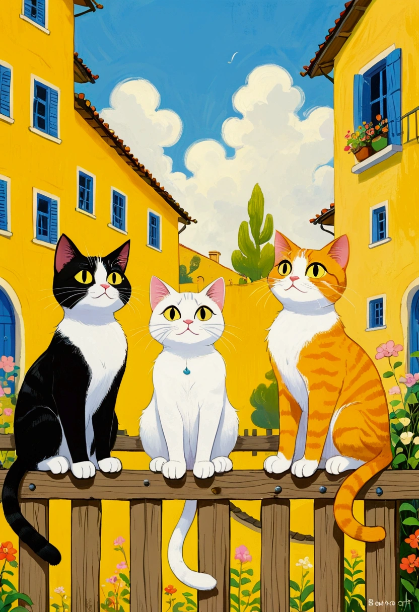 Pastel Painting,painting of three Cat sitting on a fence with a yellow background, 充满活力的Cartoon艺术, Cartoon, author:Benjo Obreshkov, 手绘Cartoon艺术风格, Cat , author Dahlov Ipcar, meeting of the Cat, Whimsical Art, author:Marie Bashkirtseff, digital Cartoon art, author Pierre Roy, author:Yi Yinwen, Cat