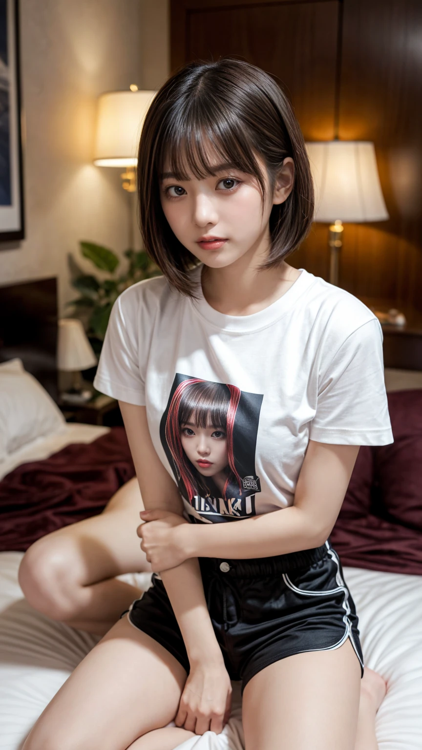 masterpiece, best quality, illustration, Super detailed, fine details, High resolution, 8K,wall paper, perfect dynamic composition,(Details High quality, realistic depiction of eyes:1.3), standing, (Tight print T-shirt:1.1), (erotic shorts:1.1), short bob hair、black hair color, Big Natural Color Lip, bold sexy pose, crying a little、cold gaze, Harajuku style、acrobatic pose, 20 year old girl、cute type、lolita、perfect body shape, beautiful legs, hotel room, gravure idol, full body photo、focus on crotch, huge breasts