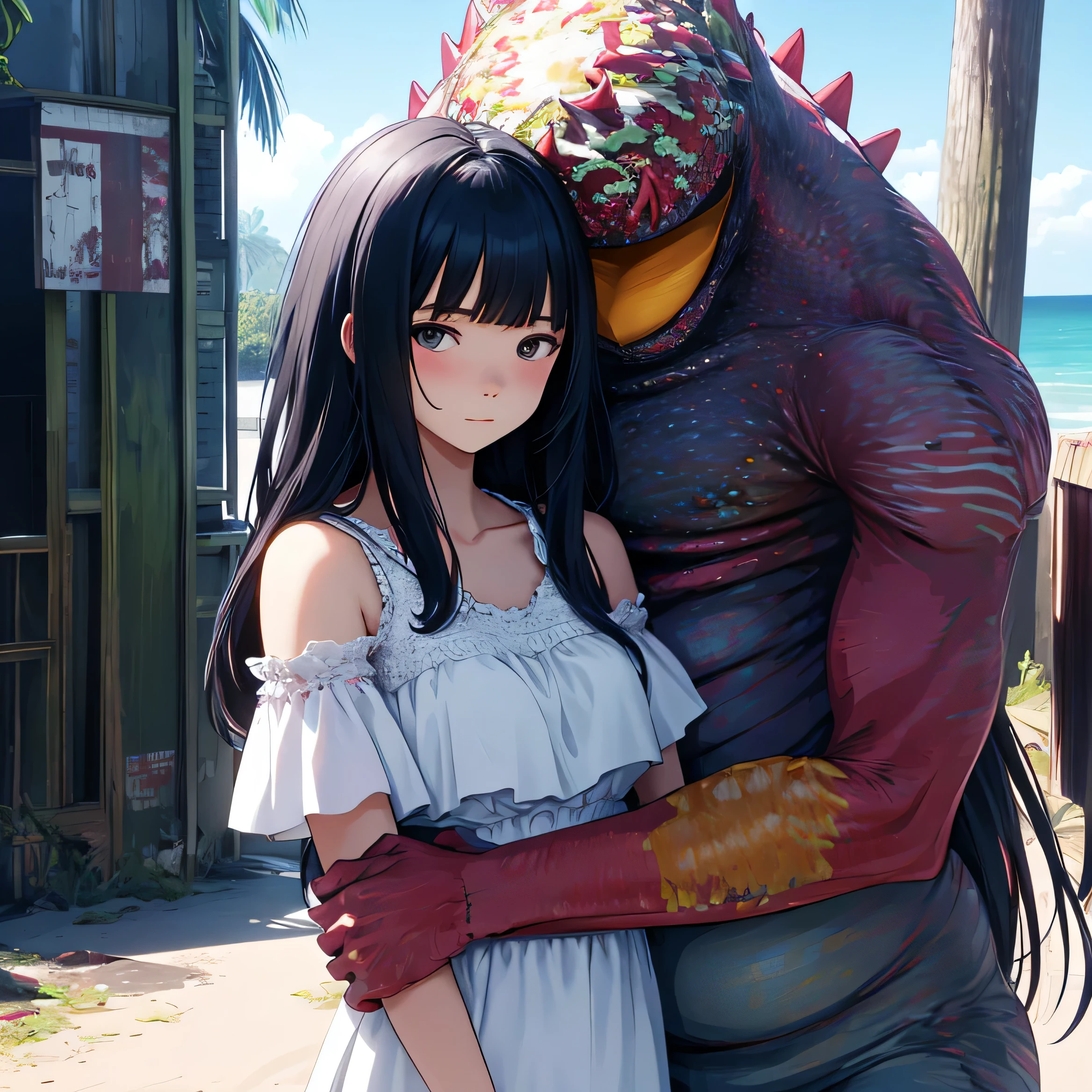 hunter, monster, 1girl, beach, afternoon sad, black hair, long hair, white outfit, bare arms, girl hug monster on her shoulder, monster head on girl shoulder
