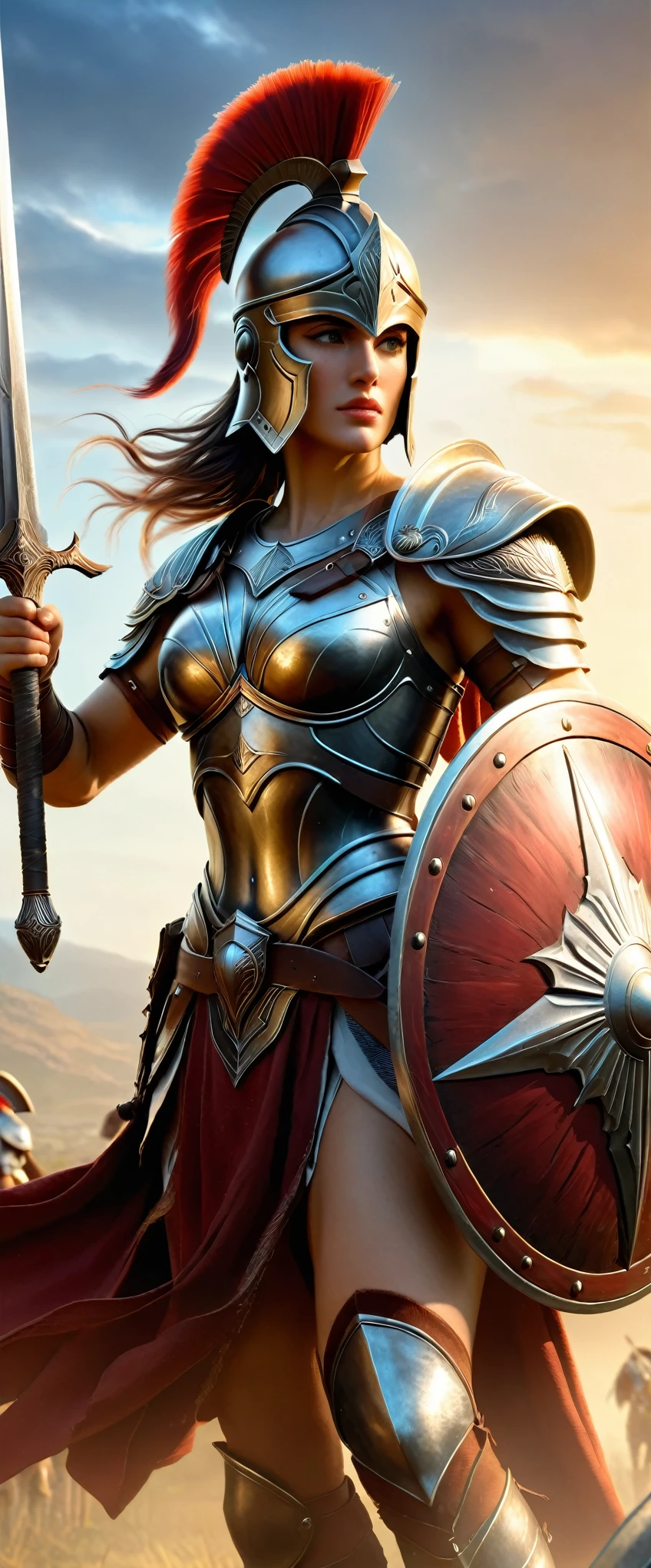 masterpiece,Highest quality,(Highly detailed CG Unity 8k wallpaper),(Highest quality),(Best illustrations),(Best Shadow),Realistic lighting,Beautiful sparkle,PeterMohrBacher,(1 female:1.6),Ancient Greeks,(((Spartan female warrior))),(Beautiful Face,Brave face,Beautiful Eyes,Beautiful Hair),(Muscular),Spartan helmet,Spartan Armor,(Holding sword and shield:1.6),(Raise your sword-holding hand high into the air:1.6),(Holding a Spartan shield:1.6),(Sword and shield:1.6),(roar:1.6),(Beautiful Hands:1.6),(Detailed hands:1.6),(((Hand,detailed,perfect,perfection,hands))),(dynamic)