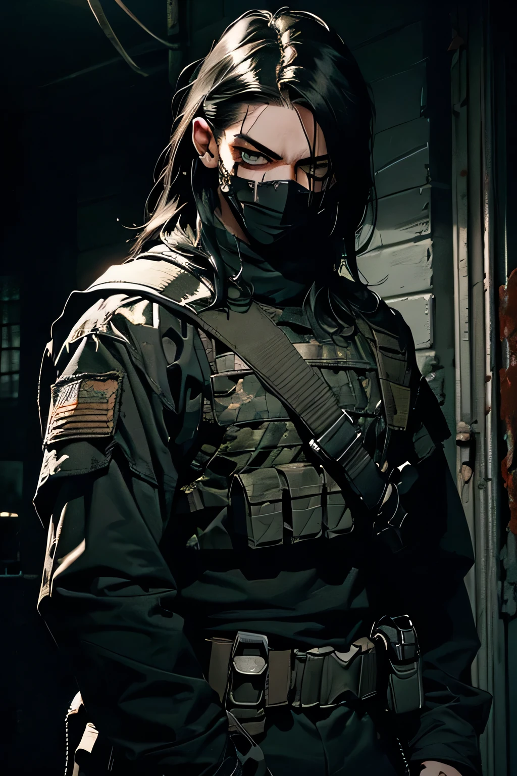 1 male, balaclava masked, scarred body, intimidating, scary, high resolution, extremely detailed eyes, army outfit, soldier, knife in holster, gun in hand, cinematic lighting, dramatic shadows, gritty texture, dark moody atmosphere, upper body, bloody, blood everywhere. black camo outfit. no helmet, shoulder length hair.