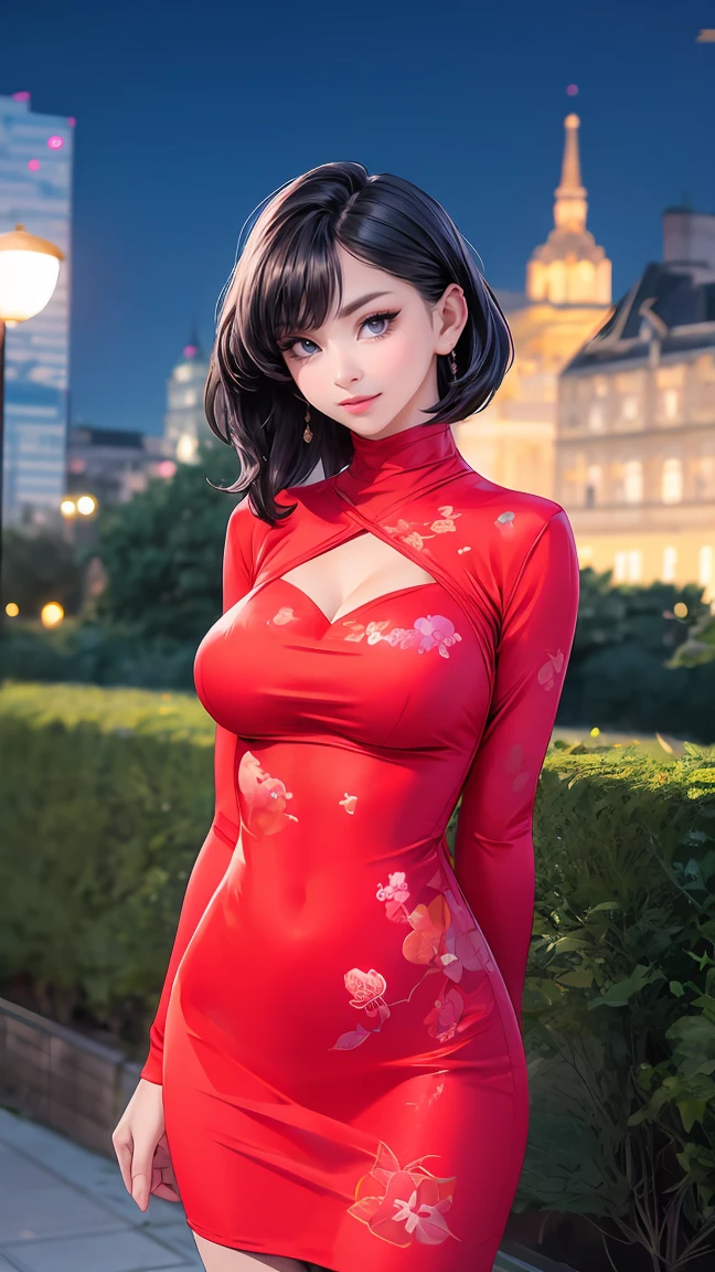 (best quality, photorealistic, ultra-detailed), perfect body proportions, slim fit, big breasts, printed designer minidress, city park, late evening