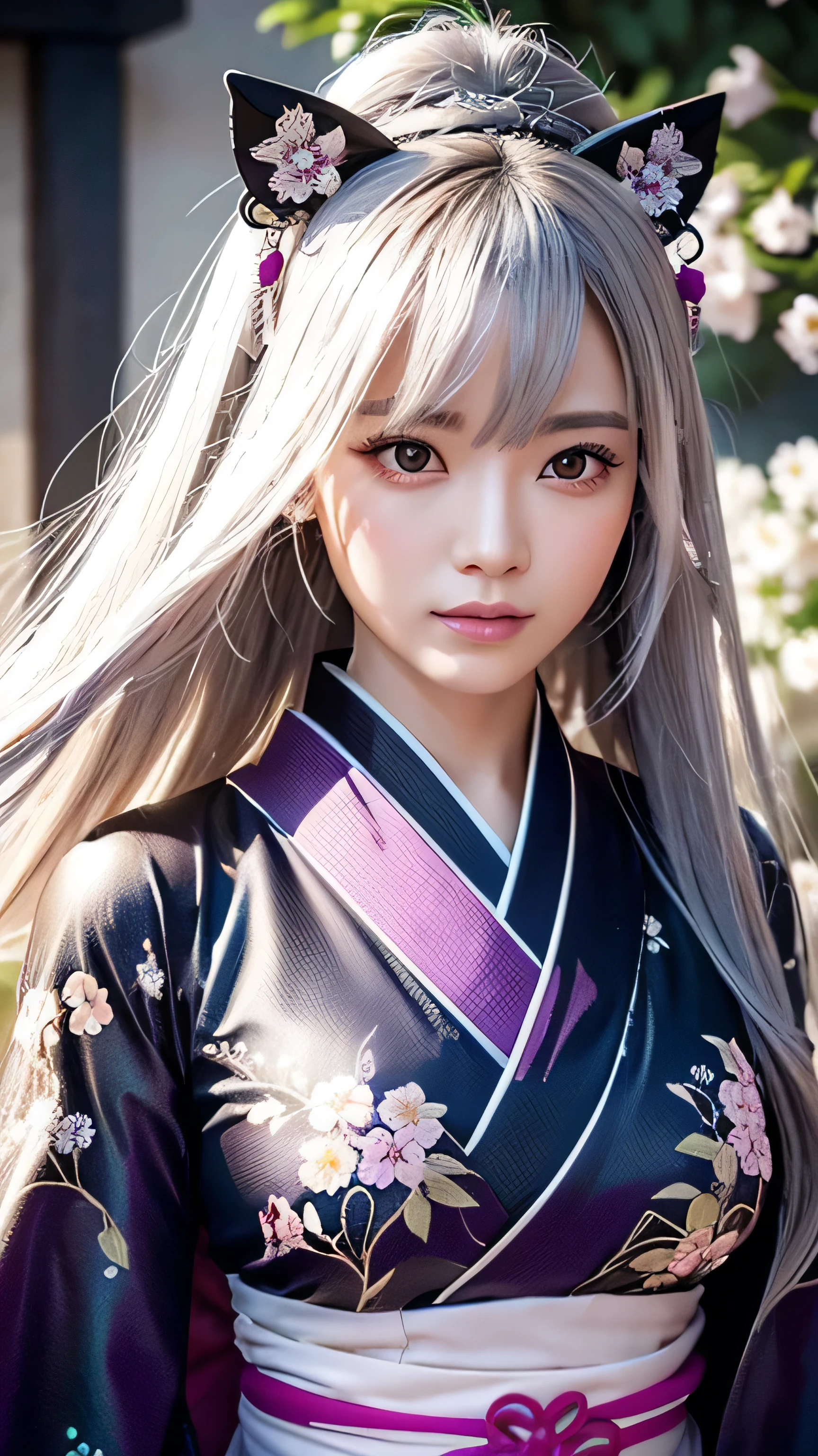 ### プロンプト
Create an ultra-realistic and dynamic depiction of Tachibana Hime, a mythical yokai from Japanese folklore, with a mechanized twist. She stands in a mystical spring setting, surrounded by blooming cherry blossoms and various colorful flowers, but her presence is now infused with advanced technology and mechanical elements.
**Overall Appearance**:
- **Height**: Slightly taller than the average Japanese woman, giving her a commanding presence.
- **Body Type**: Slender yet strong, with well-defined muscles enhanced by mechanized armor that emphasizes her readiness for battle while maintaining her ethereal elegance.
**Facial Features**:
- **Skin**: Smooth, porcelain-like skin with a subtle, ethereal glow. Integrated with sleek, metallic lines and patterns that glow faintly with a futuristic light.
- **Eyes**: Large and fierce, with a glowing pink hue that conveys determination and ancient power. Her eyes are enhanced with cybernetic elements, framed by long, delicate eyelashes, focusing intently on her surroundings.
- **Hair**: Long, flowing silver hair that cascades down to her waist, interwoven with fiber optic strands that shimmer with hints of pastel pink and purple, adding to her mystical and futuristic appearance.
- **Expression**: A fierce and determined look, her lips set in a resolute line.
**Attire**:
- **Kimono**: She wears a traditional Japanese kimono, now integrated with high-tech armor. The kimono is adorned with intricate floral patterns in vibrant yet slightly faded colors, designed to allow freedom of movement while providing protection. It features armored elements, such as reinforced sleeves and chest plates, seamlessly blended into the design with advanced materials.
- **Accessories**: Her hair is adorned with mystical flower ornaments that now incorporate mechanical components, glowing with a soft, ethereal light. She also wears a protective obi with intricate, otherworldly embroidery and embedded circuitry, symbolizing her connection