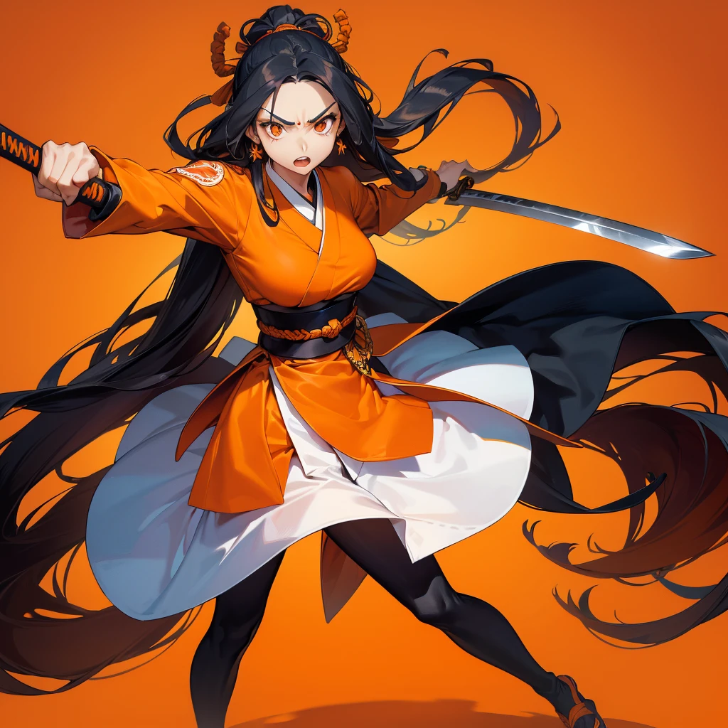 ((Perspective Lens, Woman with long hair, Dynamic poses with serious and mean expressions, Two hands brandishing a large, long Japanese sword )) ((Pure Orange Background:1.2)),Looks like she's in her early 20s,Shooting in mid-motion,With her long braided hair fluttering. Her outfit reminds me of a bee.,Black and yellow color palette,And she's casually throwing money around,Be playful.,