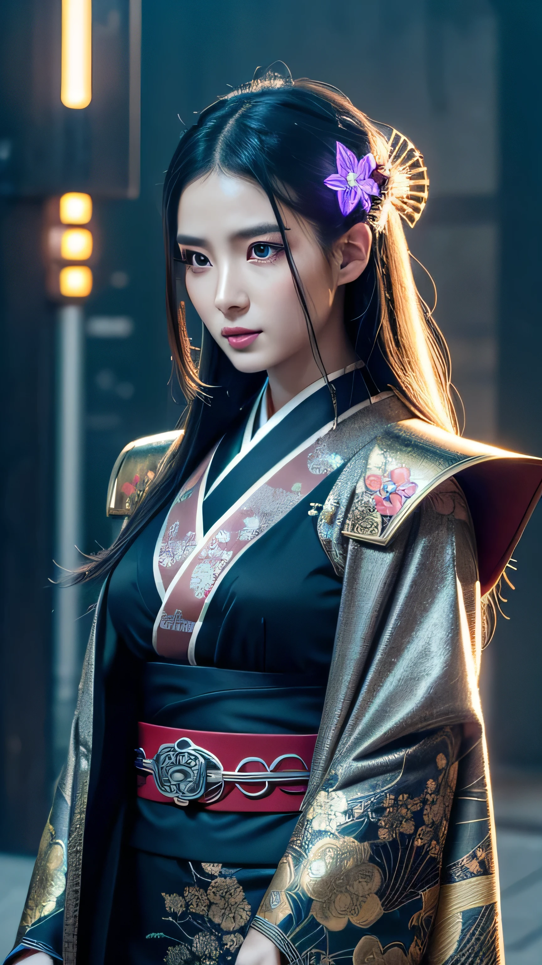 ### プロンプト
Create an ultra-realistic and highly mechanized depiction of Tachibana Hime, a mythical yokai from Japanese folklore, now transformed with advanced technology. She stands in a futuristic spring setting, where traditional elements blend seamlessly with high-tech enhancements.
**Overall Appearance**:
- **Height**: Taller than the average Japanese woman, emphasizing her imposing presence.
- **Body Type**: Slender and athletic, with mechanical augmentations that enhance her strength and agility, making her both graceful and formidable.
**Facial Features**:
- **Skin**: Smooth, porcelain-like skin with intricate, glowing cybernetic patterns and metallic accents. Her skin has a slight luminescence, reflecting the integration of technology and magic.
- **Eyes**: Large, intense eyes that glow with a brilliant neon blue, indicating her advanced optical enhancements. Her gaze is piercing and focused, framed by long, fluttery cyber-enhanced eyelashes.
- **Hair**: Long, silver hair integrated with fiber optic strands that emit a soft, shifting glow. The hair flows down her back, accentuated by mechanical components that maintain its shape and movement.
- **Expression**: Determined and resolute, her lips slightly parted to reveal a calm yet commanding demeanor.
**Attire**:
- **Kimono**: A high-tech version of a traditional Japanese kimono, made from advanced materials that provide both flexibility and protection. The kimono features glowing circuitry and floral patterns that pulse with energy. The sleeves and hem are reinforced with lightweight, durable armor plates.
- **Armor**: Sleek, metallic armor covers her shoulders, chest, and legs, seamlessly integrated into her kimono. The armor is adorned with intricate engravings and glowing symbols, blending traditional aesthetics with futuristic technology.
- **Accessories**: Her hair is decorated with mechanical flower ornaments that bloom and close with the movement of tiny gears and pistons. She wears a high-tech obi