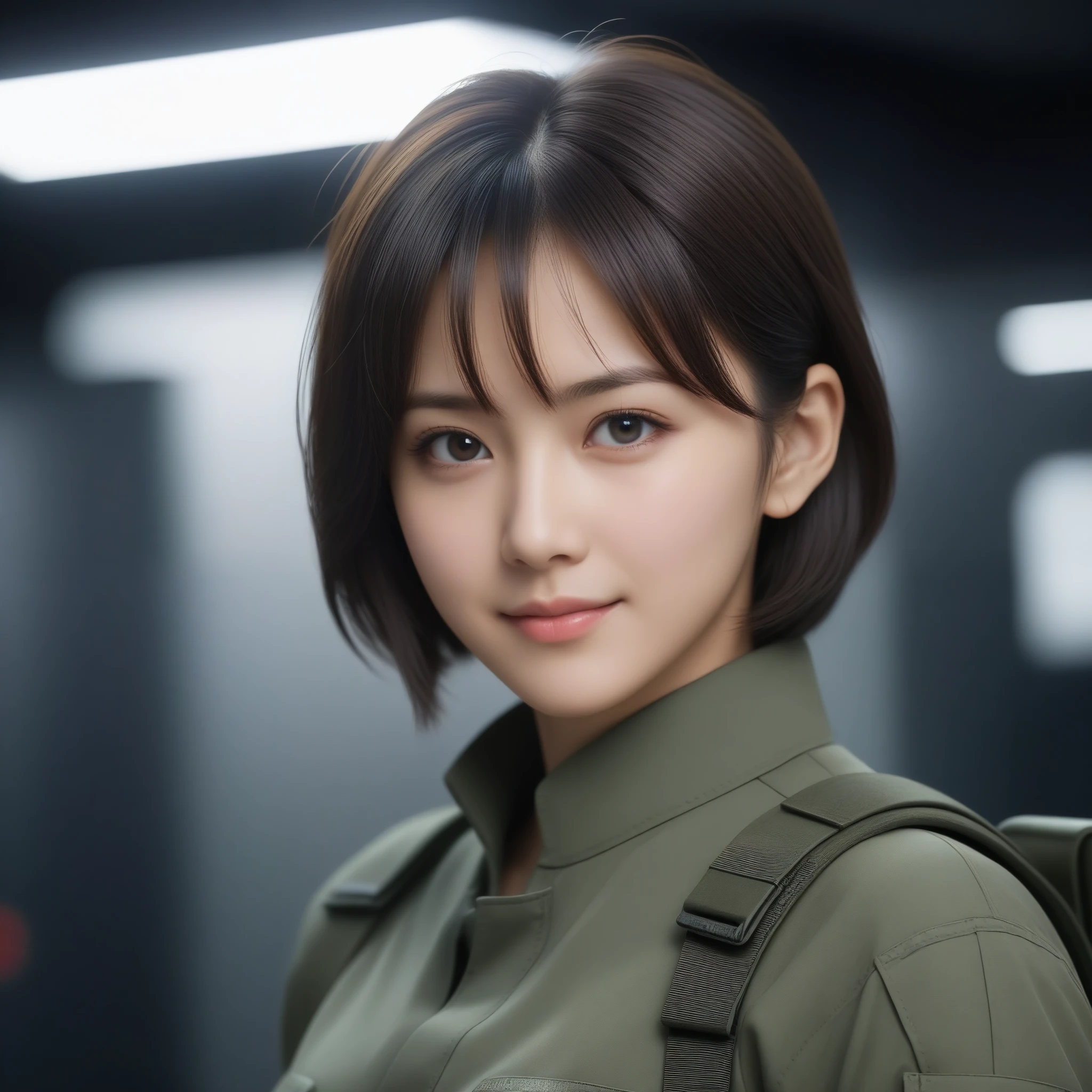 8k, Ultra-high resolution, Highest quality, masterpiece, 三分割法によるphotograph,Surreal, photograph, 1 Girl, (:1.3), pretty girl, Cute Face, Beautiful eyes in every detail, 細かくdetailedに,masterpiece,One Girl:1.2,Japan Female Teachers,extream close up,light smile,Black short hair,Bob with bangs,The World of Metal Gear Solid,(印象派の美しい少女のPortraiture),(Impressionist light and colour), (next generation special forces:1.3),(Warrior,Camouflage,Beautiful dark eyes, So cute and beautiful,16 years old0.8),Sharp contours,Looking down, (High-tech special forces), ((Nuclear aircraft carrier)),indoor, Light from above, Low contrast, (Side view),, Perfect and beautiful face ,完璧でCute Face, Skin with attention to detail, Perfect limbs、Narrow waist,Looking at the audience,(((Ideal body type))),A cup small breasts :2,Portraiture:2,Perfect Anatomy,鮮明なdetailed,detailed,Surreal,Light and shadow,glowing