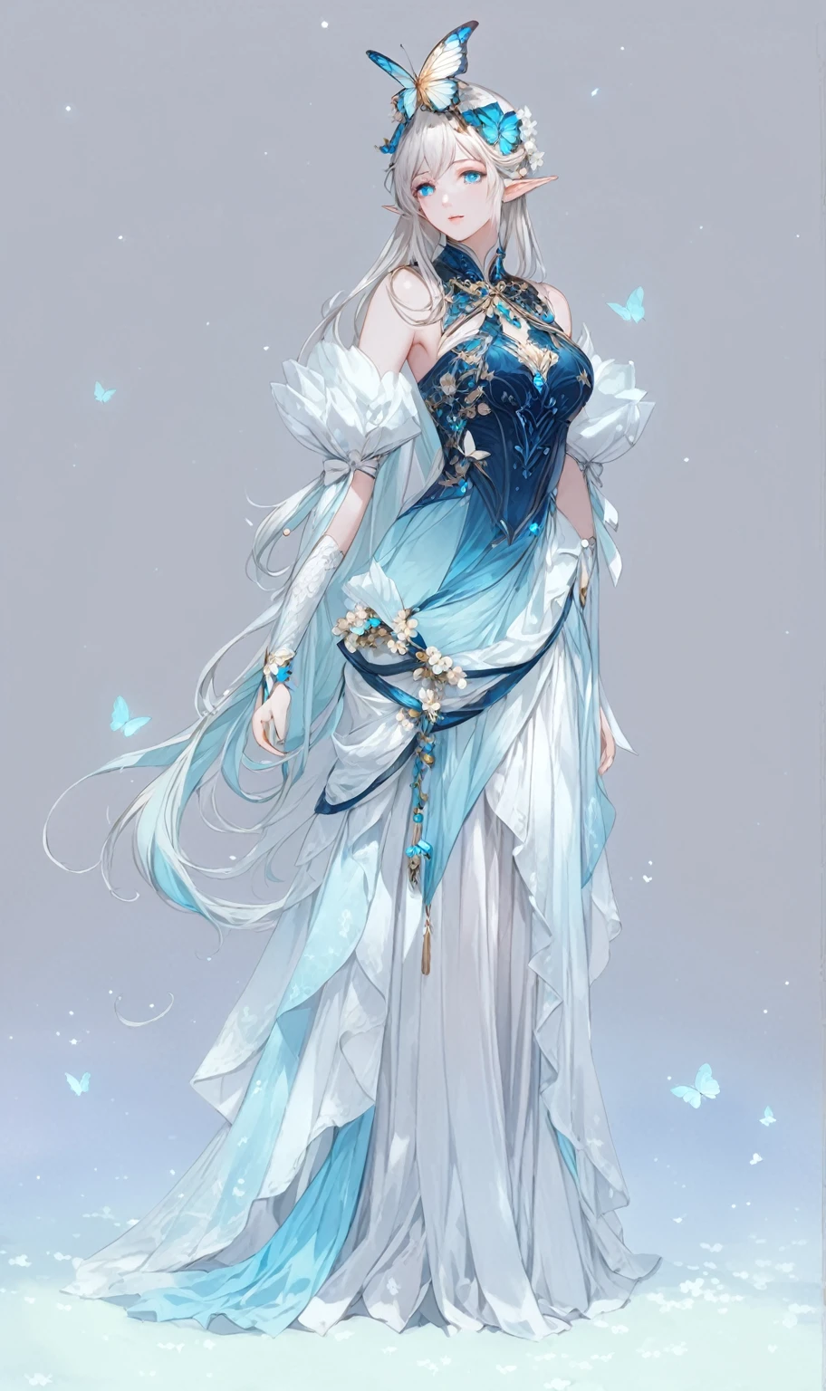 masterpiece, best quality, good quality, Fantasy Aesthetic, Highly detailed, shadowverse style, female, cyan eyes, white with blue gradient hair, elf, butterfly theme