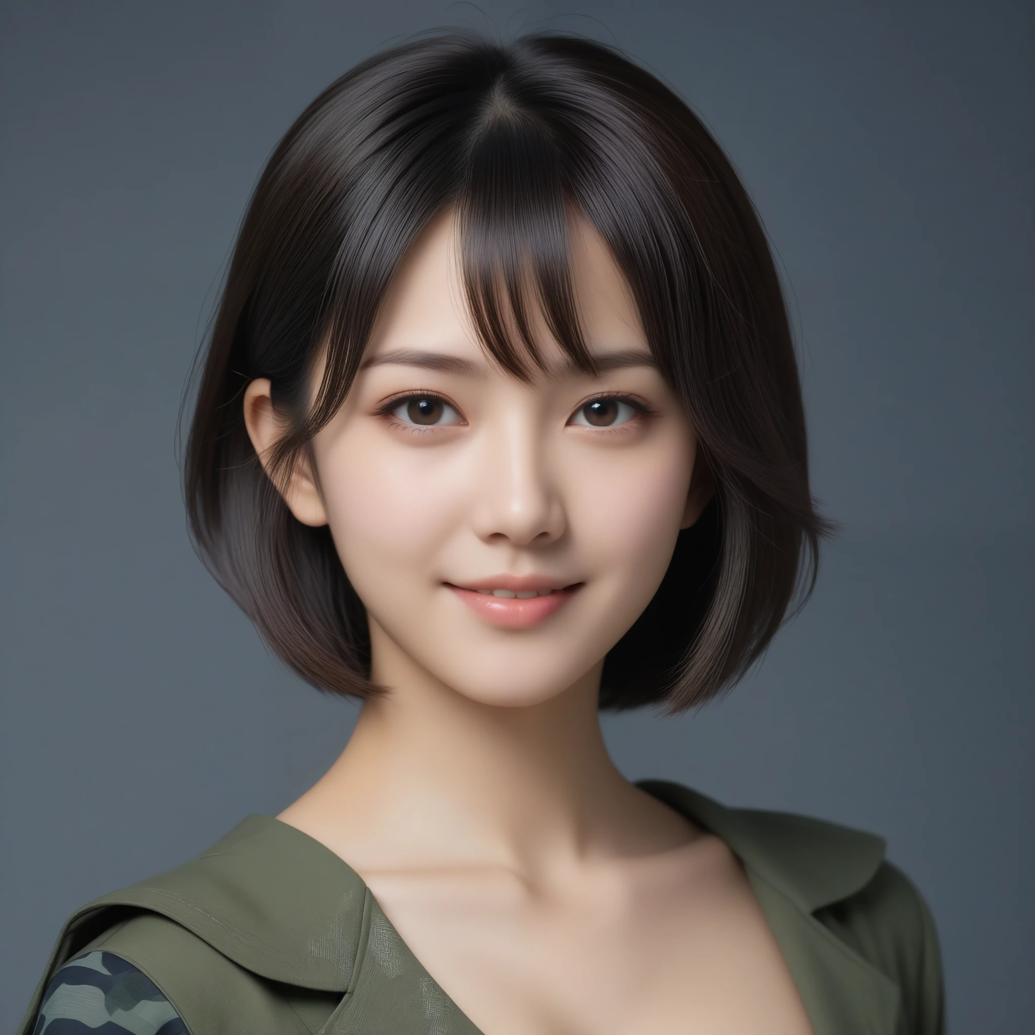 8k, Ultra-high resolution, Highest quality, masterpiece, 三分割法によるphotograph,Surreal, photograph, 1 Girl, (16 years old:1.3), pretty girl, Cute Face, Beautiful eyes in every detail, 細かくdetailedに,masterpiece,One Girl:1.2,Japan Female Teachers,extream close up,light smile,Black short hair,Bob with bangs,The World of Metal Gear Solid,(印象派の美しい少女のPortraiture),(Impressionist light and colour), (next generation special forces:1.3),(Warrior,Camouflage,Beautiful dark eyes, So cute and beautiful,16 years old, ), (smile:0.8),Sharp contours,Looking down, (High-tech special forces), ((Nuclear aircraft carrier)),indoor, Light from above, Low contrast, (Side view),, Perfect and beautiful face ,完璧でCute Face, Skin with attention to detail, Perfect limbs、Narrow waist,Looking at the audience,(((Ideal body type))),A cup small breasts :2,Portraiture:2,Perfect Anatomy,鮮明なdetailed,detailed,Surreal,Light and shadow,glowing