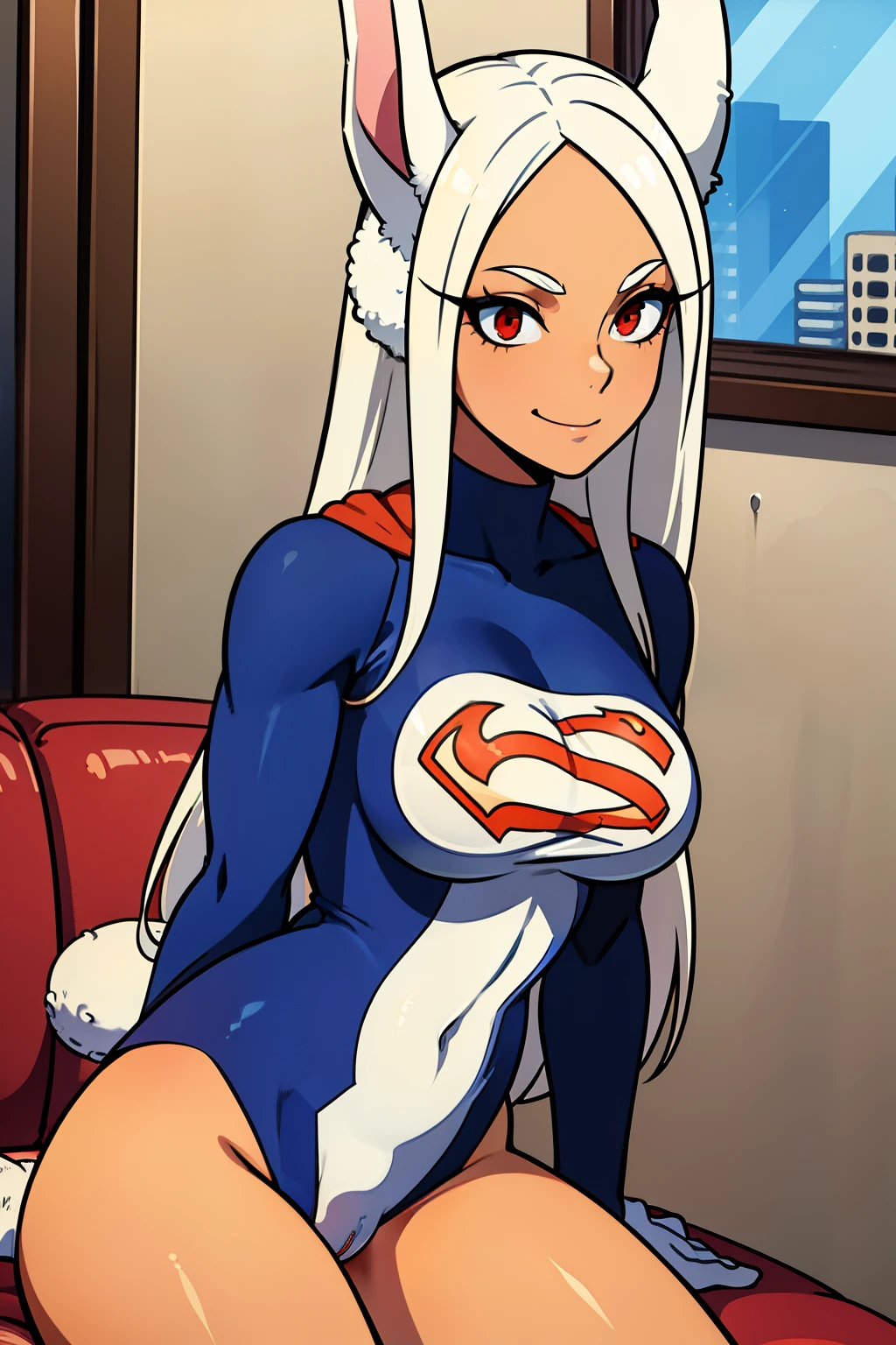 NSFW(she is naked))has a penis dick,Cute girls,round red eyes, White hair、rabbit ears,sexy、porno,desnudo,pene erecto,polla grande,corrida,nsfwsmiling,Medium to long straight hairstyle、（Bigboobs,superman dress，superman suit,In a rental house，sitting on the couch，evening，it was raining outside，Upper body is wet.,whole body,lleva un superman suit,lleva un superman suit,rabbit ears,desnuda,has a penis bulge,has a Big penis bulge