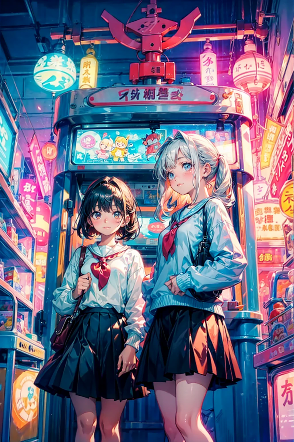 2girls,cute,in amusement arcade,crane game,shirt and skirt