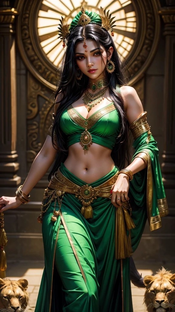 Sexy hot hindu female god green outfit holding trishul long black hair nearly lion beautiful face HD 