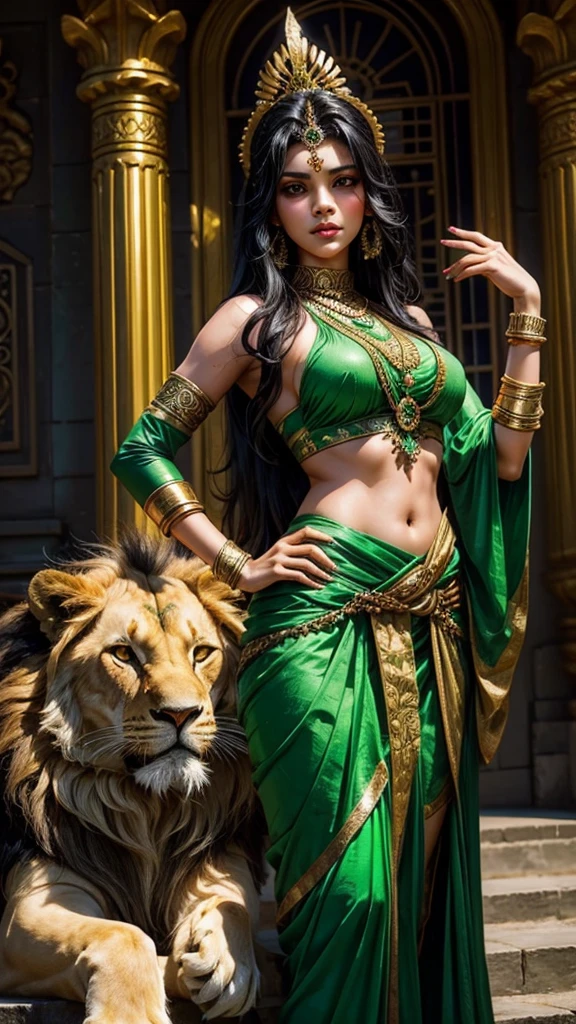 Sexy hot hindu female god green outfit holding trishul long black hair nearly lion beautiful face HD