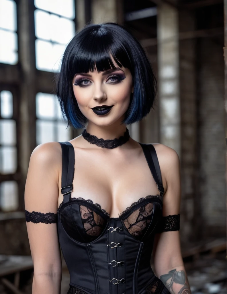 Very attractive 25 year old caucasian female with black bob hair, with bangs, wearing lingerie, corset, stockings, suspenders, black lipstick, dark eye makeup, goth makeup, posing in an abandoned warehouse, photo quality, smiling