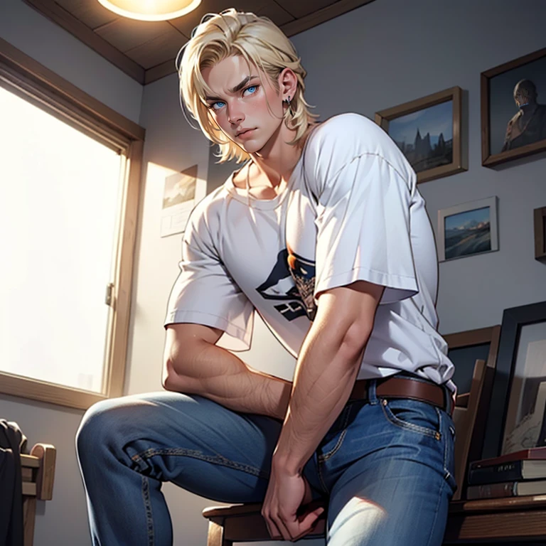 ((masterpiece)), (((best quality))), solo, 1 male, pale white skin, very light blonde hair, medium hair, bob hair style, straight hair, handsome young man, blue eyes, lean, tall, slender, t-shirt, jeans, simple earrings, highest quality, highly detailed, original, high resolution CG Unit 8k wallpaper, (best quality, artwork, masterpiece, 4k)