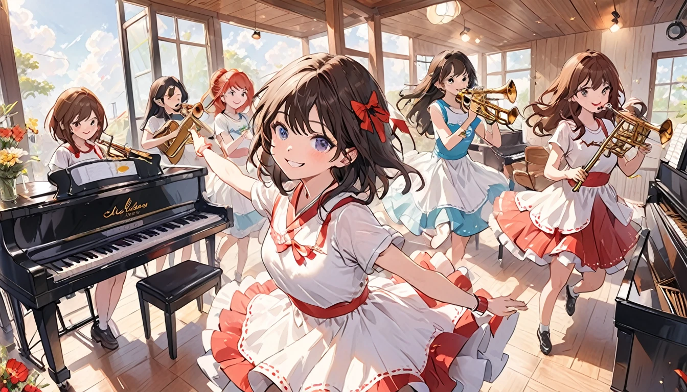 Cute Girls,Girl Band,guitar,piano,trumpet,percussion,Dancing while playing ska on instruments,Brown Hair,Black Hair,smile,live house