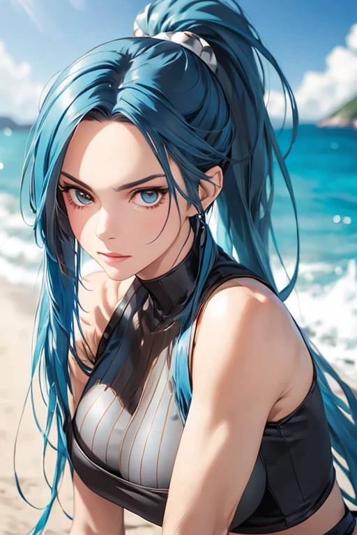 (full-length portrait),(pirate costume),a close up of a woman with a very long hair,(high ponytail), (blue color hair) ,near the ocean, detailed digital anime art, photorealistic anime girl render, extremely detailed artgerm, ig model artgerm, realistic anime 3 d style, realistic anime artstyle, artgerm. high detail, anime style 4 k, nico robin