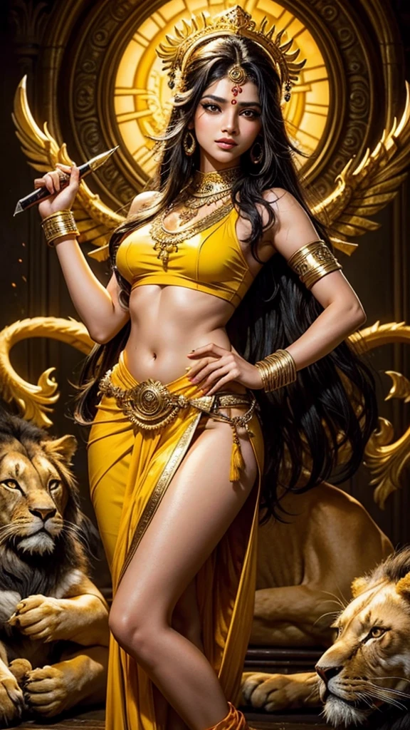 Sexy hot hindu female god yellow outfit holding trishul long black hair nearly lion beautiful face HD 