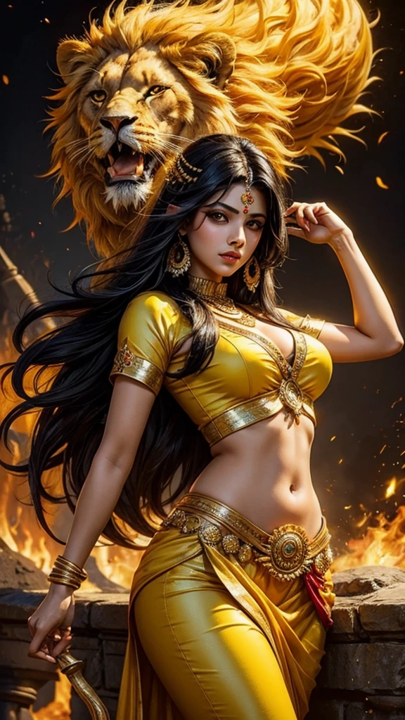 Sexy hot hindu female god yellow outfit holding trishul long black hair nearly lion beautiful face HD