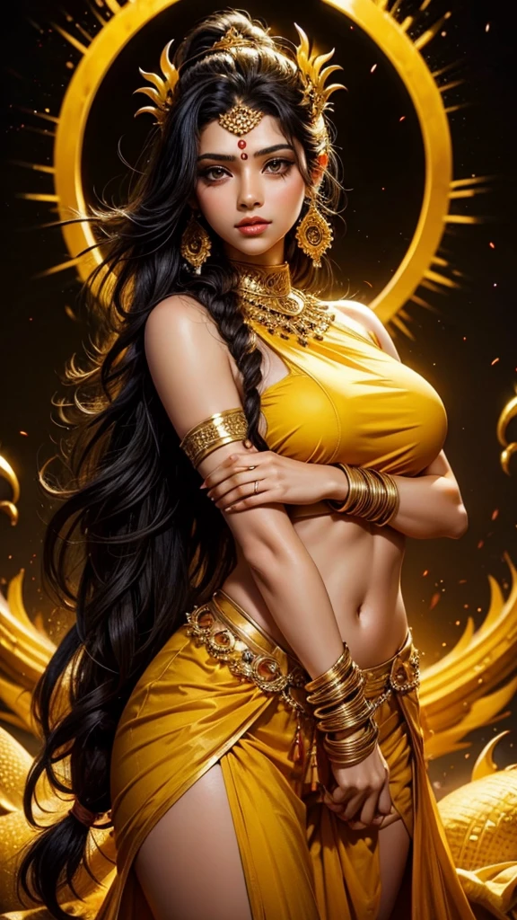 Sexy hot hindu female god yellow outfit holding trishul long black hair nearly lion beautiful face HD 