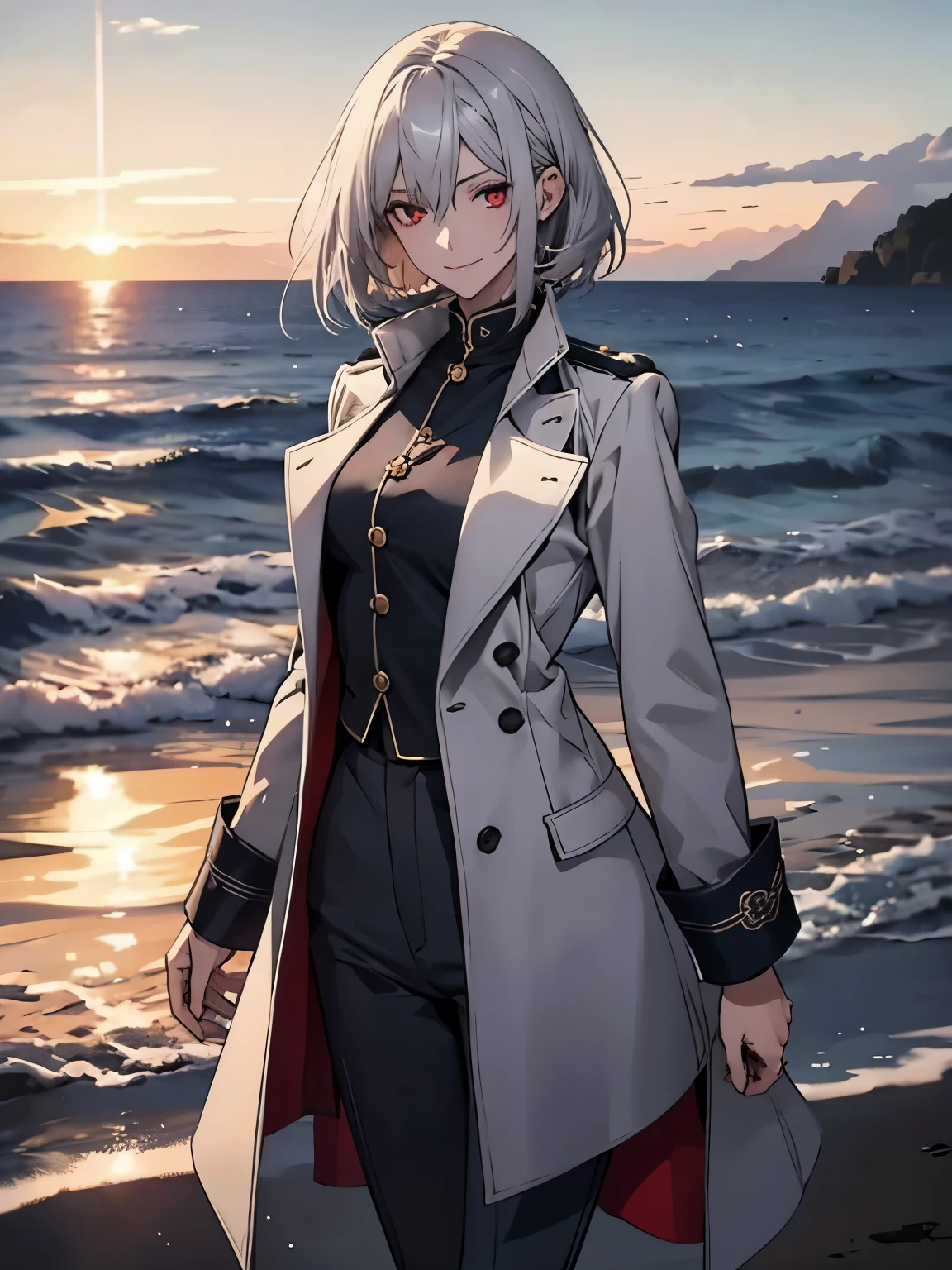 (Confused, High resolution, Very detailed), 1 female, Silver Hair,Bob Hair,Bright red eyes,White and blue military uniform,24th generation,beauty,mature,thin,quiet,Calm,A small smile,A kind smile,In front of people you like,Long coat,Slender and thin,boots,skinny pants,Sea at dawn,Small breasts,