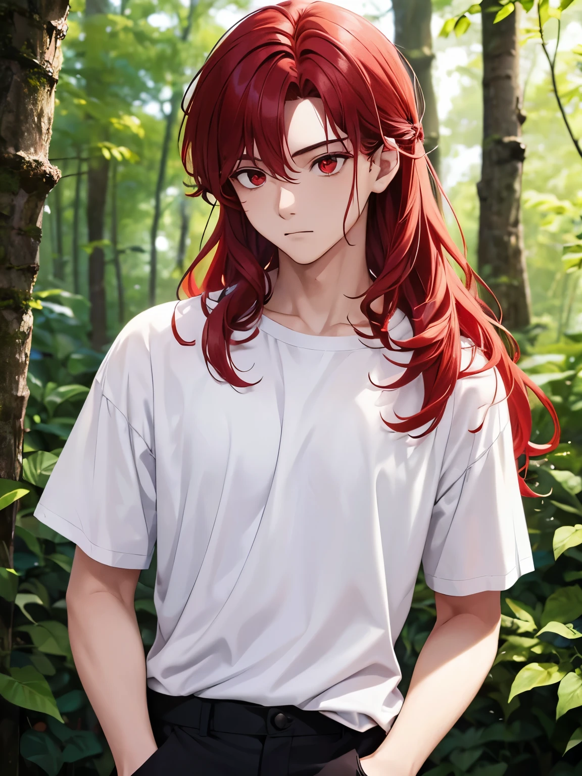 1boy,18 years old,standing in forest, looking away ,cool,middle parted hairstyle,Curly hair, red hair, red eyes, long hair, vampire, handsome,,close up photo, close up photo,White t-shirt,Short sleeve t-shirt,,black trousers