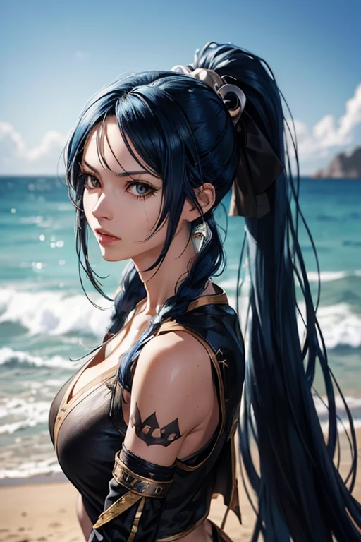 (full-length portrait),(pirate costume),a close up of a woman with a very long hair,(high ponytail), (blue color hair) ,near the ocean, detailed digital anime art, photorealistic anime girl render, extremely detailed artgerm, ig model artgerm, realistic anime 3 d style, realistic anime artstyle, artgerm. high detail, anime style 4 k, nico robin