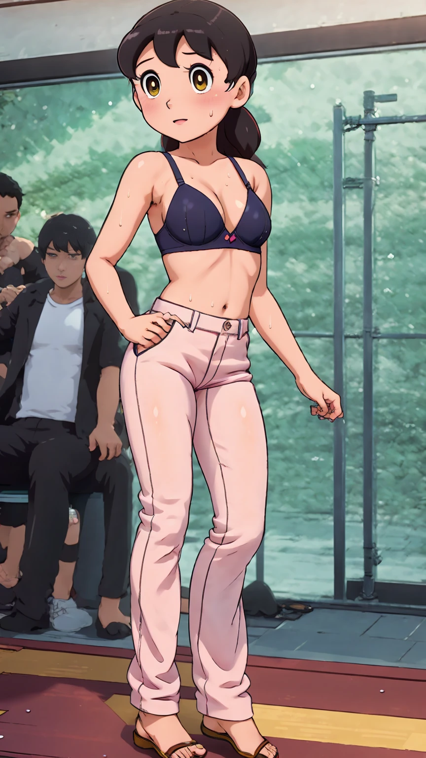 ((((highest quality)))), (((Ultra-precision CG 16K))), (((masterpiece))), (((Very detailed))), (((Extremely detailed))), (((Black outline:1.3, Written boundary depth:1.3 , Written soft outline))),  Beautiful details sparkle ,Perfect Proportions, Limited to three woman, BREAK accurate, Anatomically correct, Highly detailed face and skin texture, drawn in detail, Highly detailed facial and skin texture, Detailed eyes, beautiful hair, Beautiful Japanese Idol face, Beautiful and beautiful eyes, Beautiful body, Beautiful breasts, Beautiful thighs, Beautiful legs, Beautiful fingers, (Beautiful views) , skinny body, ((Beautiful Skin)), ((Skin Texture)) BREAK breast enlarged, large Breasts, rocket breasts, slender waist, (blush, determined expression, workout, hot, sweating, sweaty, Heavy breathing,) BREAK (no-bra, sporty fashion , low rise, mini-skirt,beautiful background,shizuka,hot,
