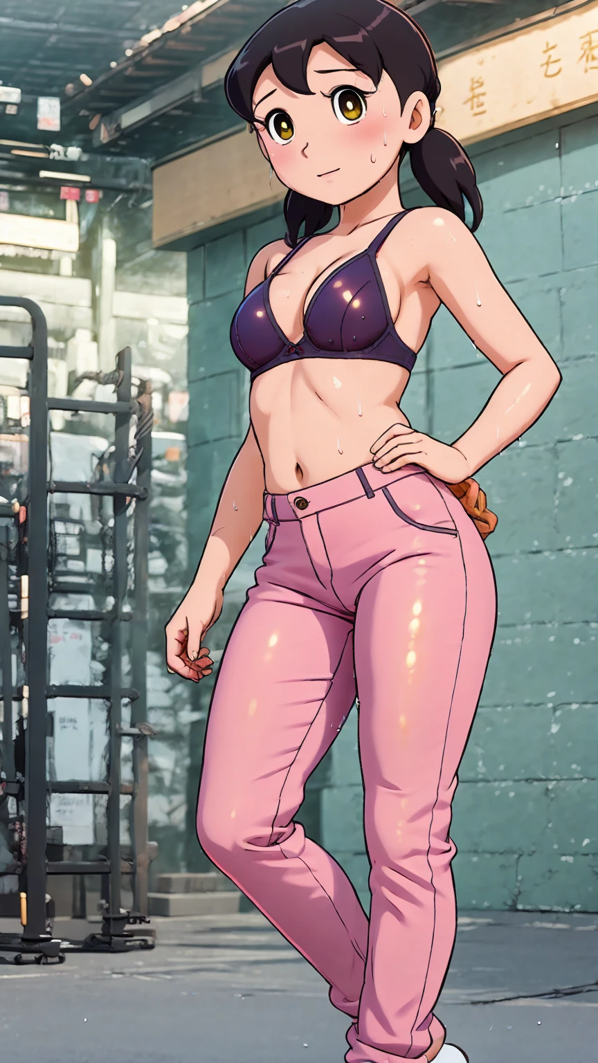 Sakurauchi riko, pink skinny sweet pants, tight gym bra, sweating,sweat drops ,  (cleavage:0.7),unstyled hair,wet hair,yellow eyes,thicc legs, standing, posing for picture, slightly smile,toned stomach, hands inside her pants,(from side:0,8),(muscular:0.7)