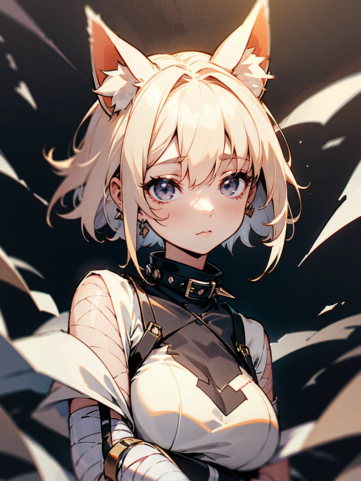 1female, adult, dog ears, cream hair, short hair, earrings, spiked collar, bandages on arms, grey yukata, busty, apathetic expression