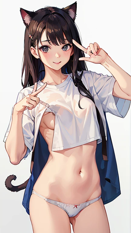 (masterpiece:1.4), (best quality:1.4),((White T-shirt)),((Peace Sign:1.1)),(Umbilical cord),((Bottomless)),(Underwear pull),(pulling down Underwear),(Undress Underwear),(Cat),Japanese,20 years old,Cute girl, 1 Girl, Looking at the audience,(Lovely smile),Solitary,Cowboy Shoots the Ball,Breasts exposed,nipple,
BREAKUnderwear, Underwear, permanent, pull, 裤子pull, Cat, Undress, 衣服pull, Film Grain, Delicate fingers:1.2,5 fingers,Good anatomy:1.1, (best hands, Beautiful hands, Perfect hands),