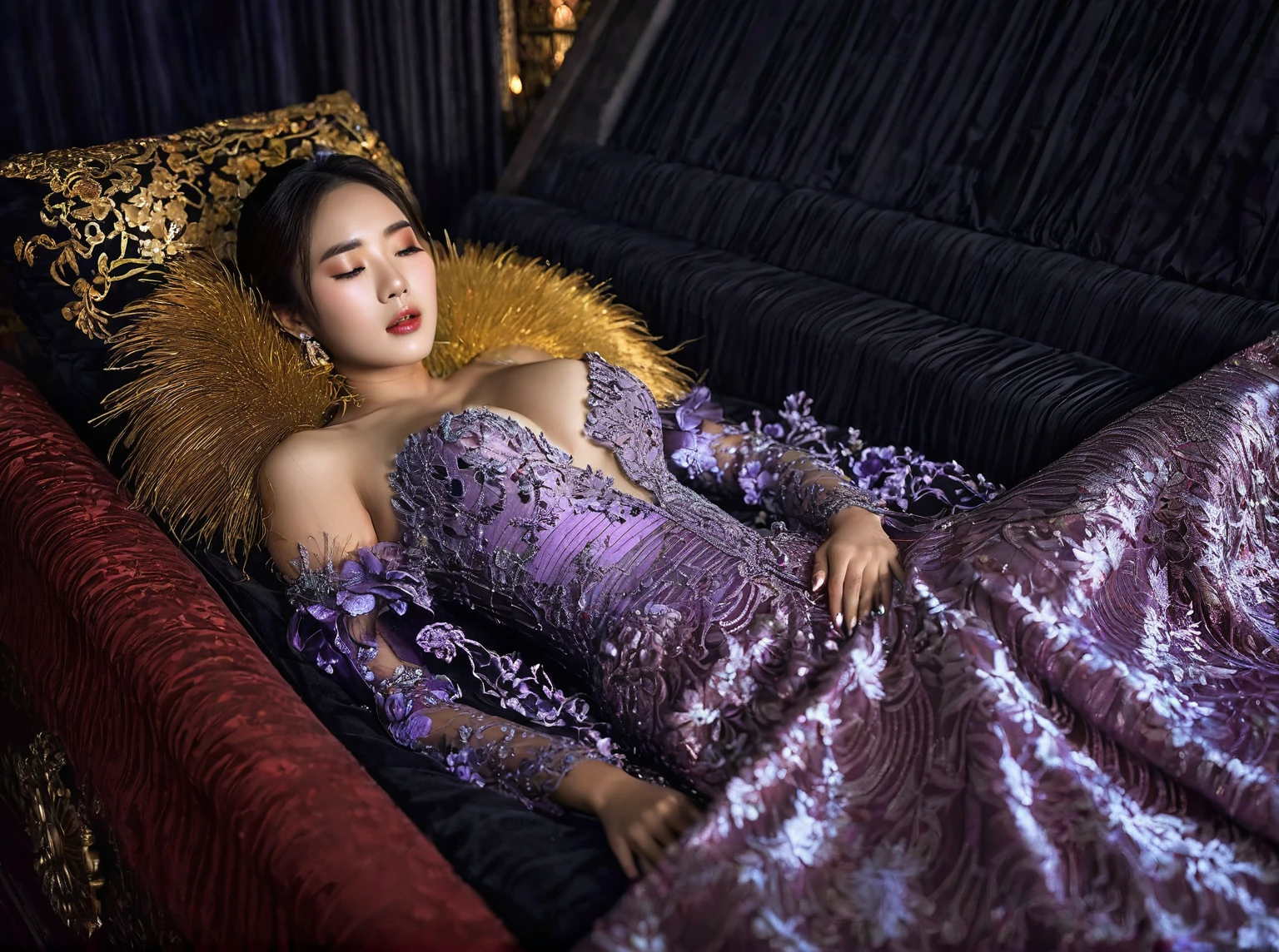 In a striking 8K HDR scene, a stunning Korean woman, 22 years old, lies peacefully in a black coffin surrounded by plush pillows. The deep box is set against a rich black background, accentuating the beauty of the subject. Her exquisite deep-V neckline kebaya attire is embroidered with superb detail, showcasing her round and firm breasts, perfect cleavage, and beautiful eyebrows. Her closed eyes and mouth give an air of serenity, while her visible and absolute cleavage leave nothing to imagination. The scene is bathed in saturated colors, highlighting every intricate aspect from the ball skirt to her clean face, straight body, detailed hand perfect hands, straight body, own hands together, own hand on stomach, detailed hands, perfect hands.