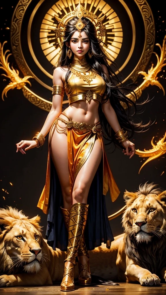 Sexy hot hindu female god golden outfit holding trishul long black hair nearly lion beautiful face HD 