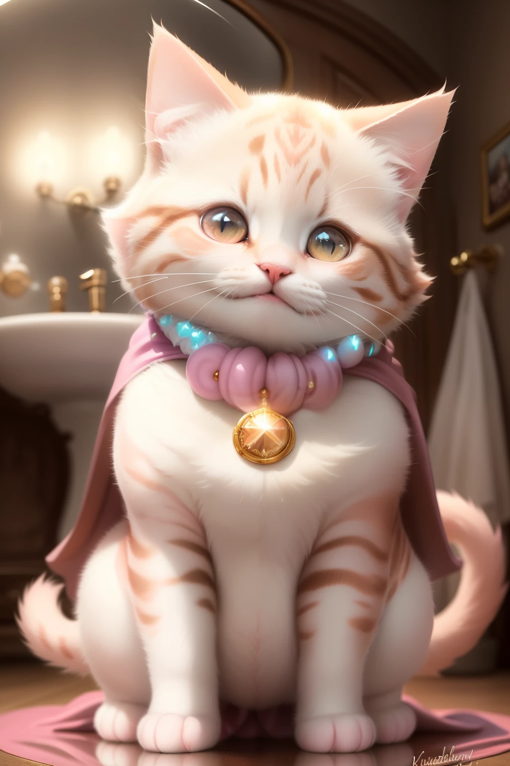 In an exquisitely intricate and lifelike 3D artwork, a delightfully plump and adorable pink feline named 'Kitty' is depicted, poised on its hind legs with an infectious excitement etched on its countenance. Its bright, sparkling eyes shine like twinkling stars, its tiny schnoz is upturned in a charming grin, and the wide smile starkly amplifies its rounded features. Draped around its neck is a dazzling superhero cape, adding a sense of heroism to this fluffy creature's appearance.
Standing in front of a colossal toothbrush mirror, Kitty examines its reflection with pride