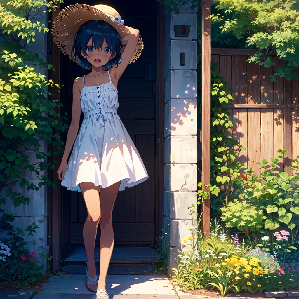 Score_9, Score_8_Top, Score_7_Top, Source Anime, Top Quality, Masterpiece, Official Art, Absurd, High Resolution, Highly Detailed, Wife 2x, Collection: Slice of Life, Break, Solo girl, tomboy, dark-skinned woman, short hair, low ponytail, flat chest, beautiful detailed eyes, sundress, sun hat, sweats, open mouth, (yawn: 0.3), sleepy, outdoor, park, wind, rest, (clear line drawing: 1.2), more detailed skin, very high resolution, very beautiful, the best sexual lighting by famous artists, 8K, cute photos, beautiful illustrations, Photoshop_(medium), (detailed lighting), best anime 8K Kona-chan wallpaper, pixiv contest winner, full body shot, cute pose,