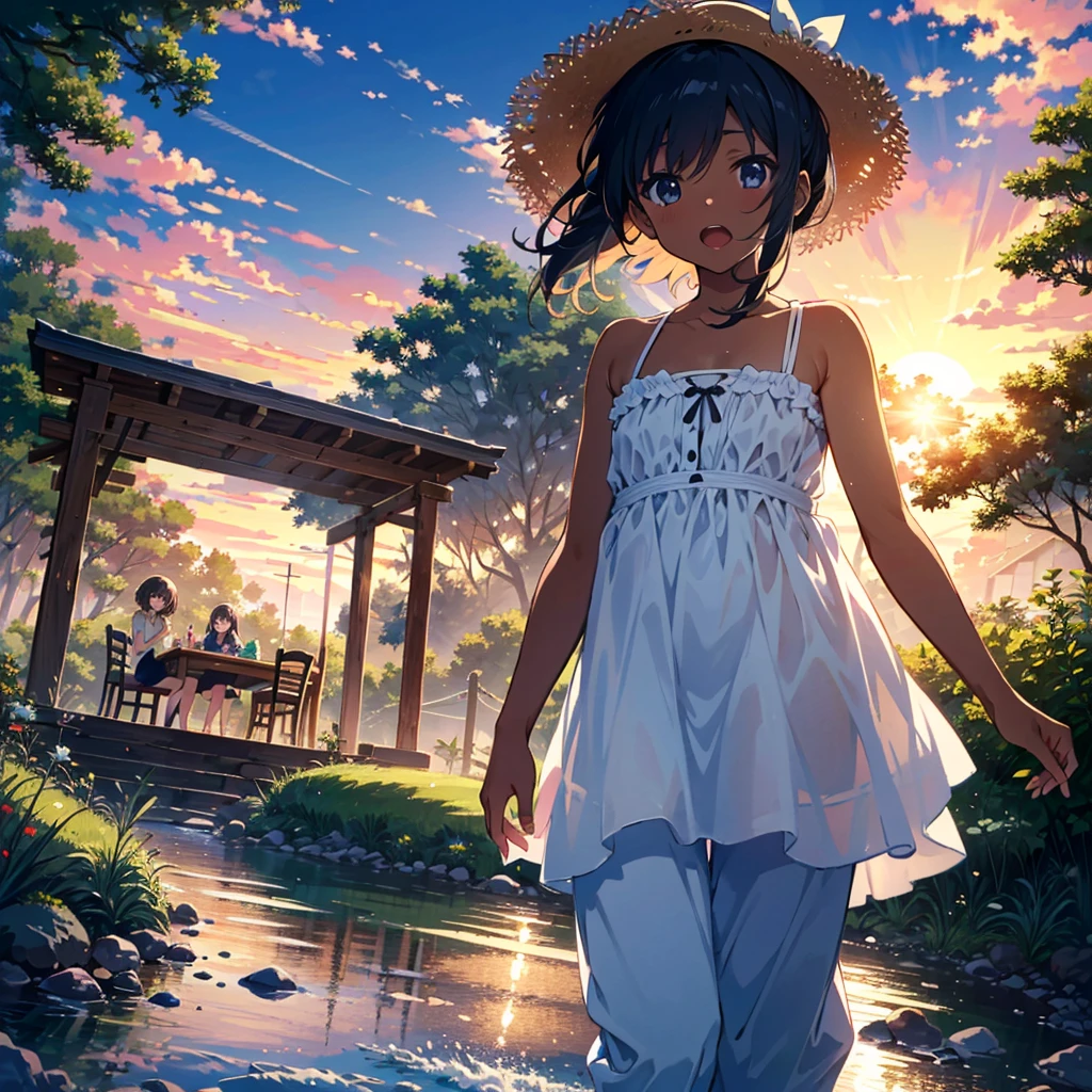 Score_9, Score_8_Top, Score_7_Top, Source Anime, Top Quality, Masterpiece, Official Art, Absurd, High Resolution, Highly Detailed, Wife 2x, Collection: Slice of Life, Break, Solo girl, tomboy, dark-skinned woman, short hair, low ponytail, flat chest, beautiful detailed eyes, sundress, sun hat, sweats, open mouth, (yawn: 0.3), sleepy, outdoor, park, wind, rest, (clear line drawing: 1.2), more detailed skin, very high resolution, very beautiful, the best sexual lighting by famous artists, 8K, cute photos, beautiful illustrations, Photoshop_(medium), (detailed lighting), best anime 8K Kona-chan wallpaper, pixiv contest winner, full body shot, cute pose,