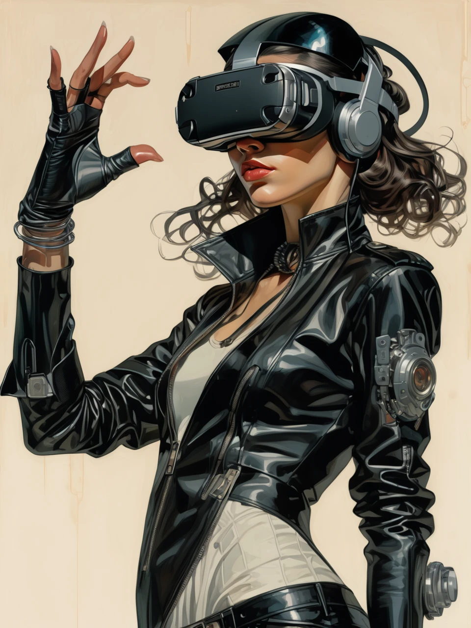 Overhead shot of a Woman in Black Cyberpunk leather, VR Headset, hand reaching out toward front, style by J.C. Leyendecker