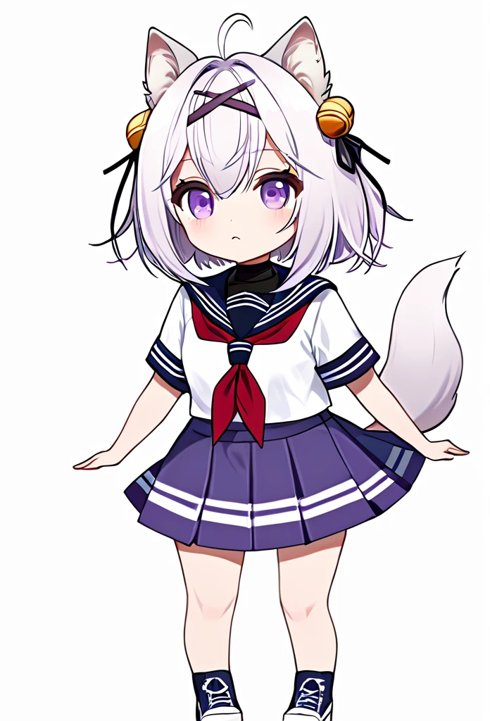 master piece, best quality, high resolution / hires, ultra-detailed, illustration, from front, (chibi character:1.2), (1woman:1.2),FilianSailor, purple eyes, tail, short hair, hairclip,(hairband), (hair bell) , serafuku, red neckerchief, blue skirt, ((simple white background)),